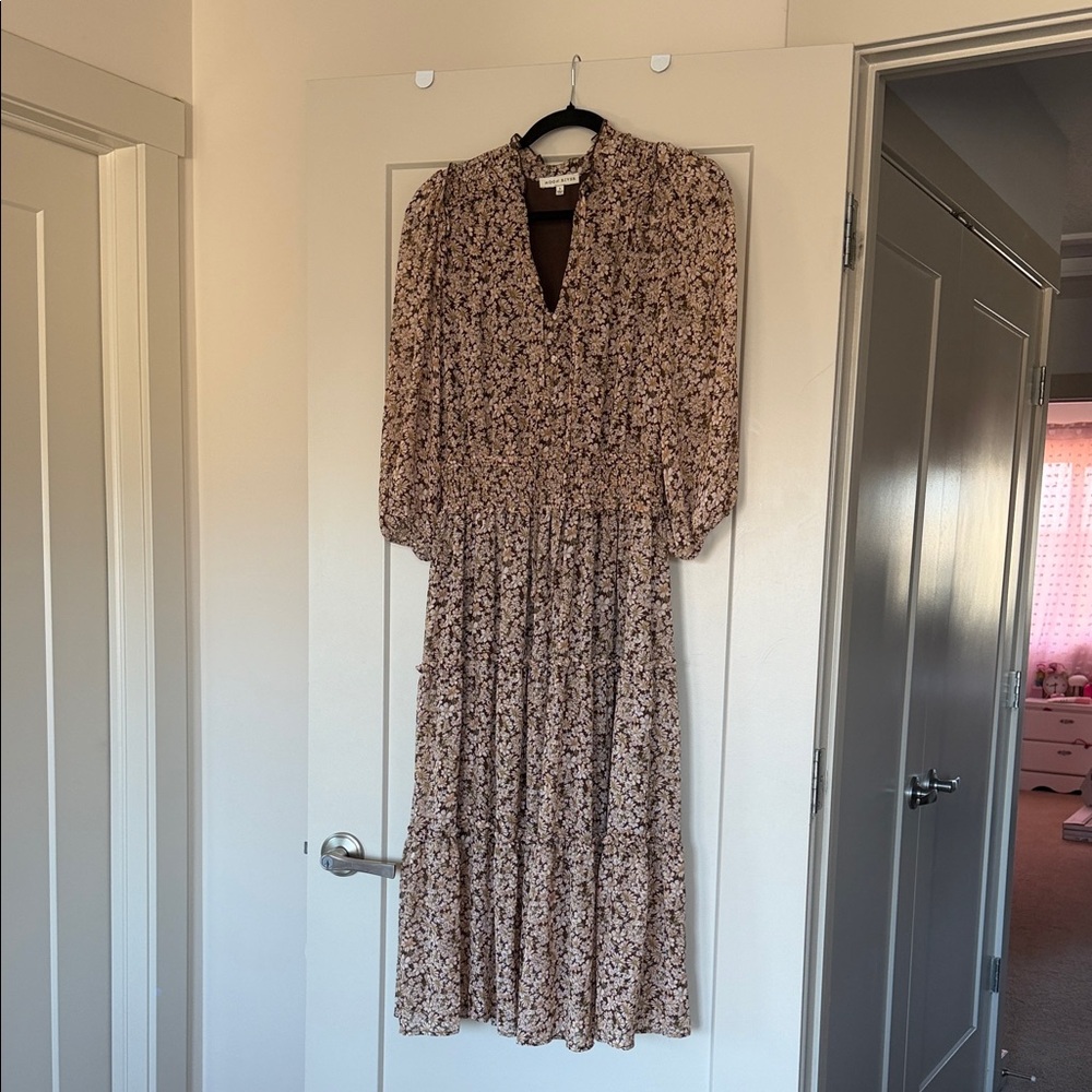 Moon River Long Sleeve Dress - Brown and Cream Floral